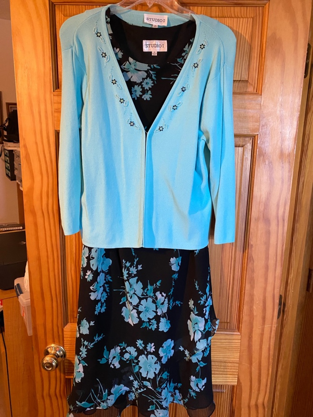 Studio I Black Dress with Aqua Floral Print and Aqua Embroidered Cardigan